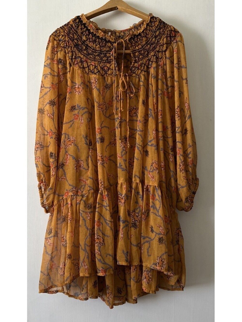 Free People Mustard Floral Smocked Yoke Long Sleeve Sheer Dress size S